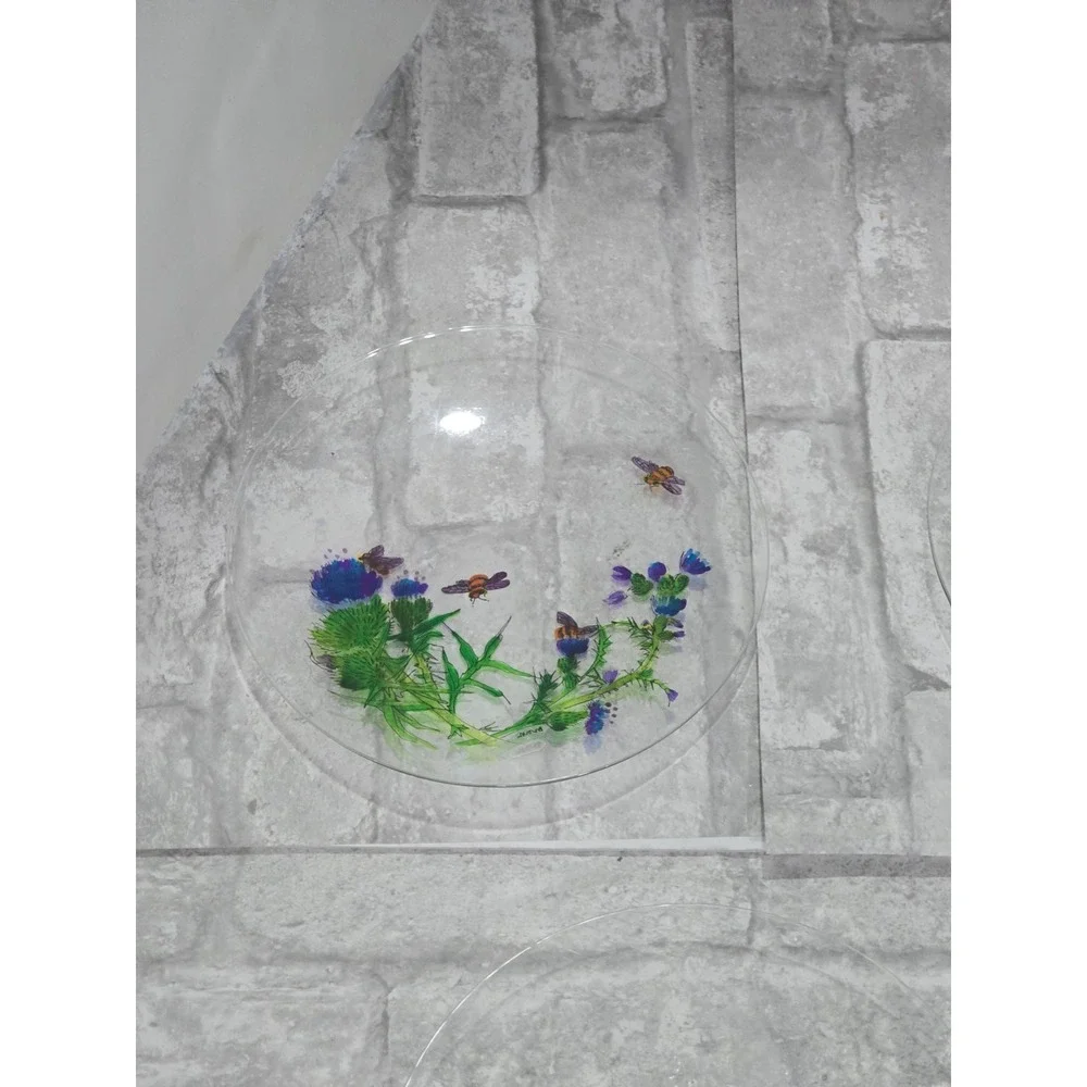 Hand painted‎ Signed Glass Salad Dessert Plates Reverse Floral Entomologist